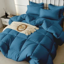 7pcs Or 5pcs Luxurious Checkered Comforter Sets For King Size, Featuring A Soft, Lightweight, And Breathable Design That Is Easy To Maintain. Includes A Comforter, Flat Sheet, Fitted Sheet, And Pillowcases. Suitable For Both Queen And King Beds - Xanh lam B18 - Xem 1