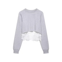 Camellia New Spring/Summer Women's Fashion Minimalist Lace Patchwork Cropped Sweatshirt Casual - Grey - View 3