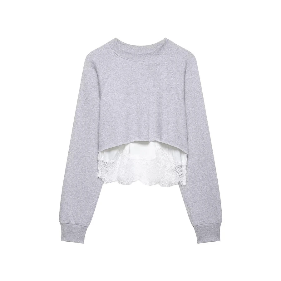 Camellia New Spring/Summer Women's Fashion Minimalist Lace Patchwork Cropped Sweatshirt Casual - Grey - View 1