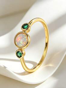 Charm-In Nhẫn mạ vàng 18K đính đá Opal và CZ xanh lá cây, trang sức ba viên đá tinh tế dành tặng phụ nữ. - Vàng - Xem 3