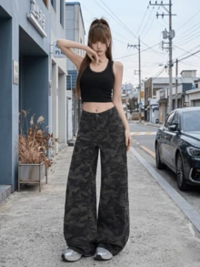 复古休闲宽松迷彩阔腿牛仔裤，女士春季款 - 軍綠迷彩 - 查看 4