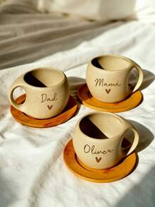 Personalized Ceramic Coffee Cup & Saucer Set With Wooden Coaster And Metal Spoon, Custom Name Coffee Mug, Suitable For Travel And Home Use, Housewarming Gift - Simple and Elegant - View 5