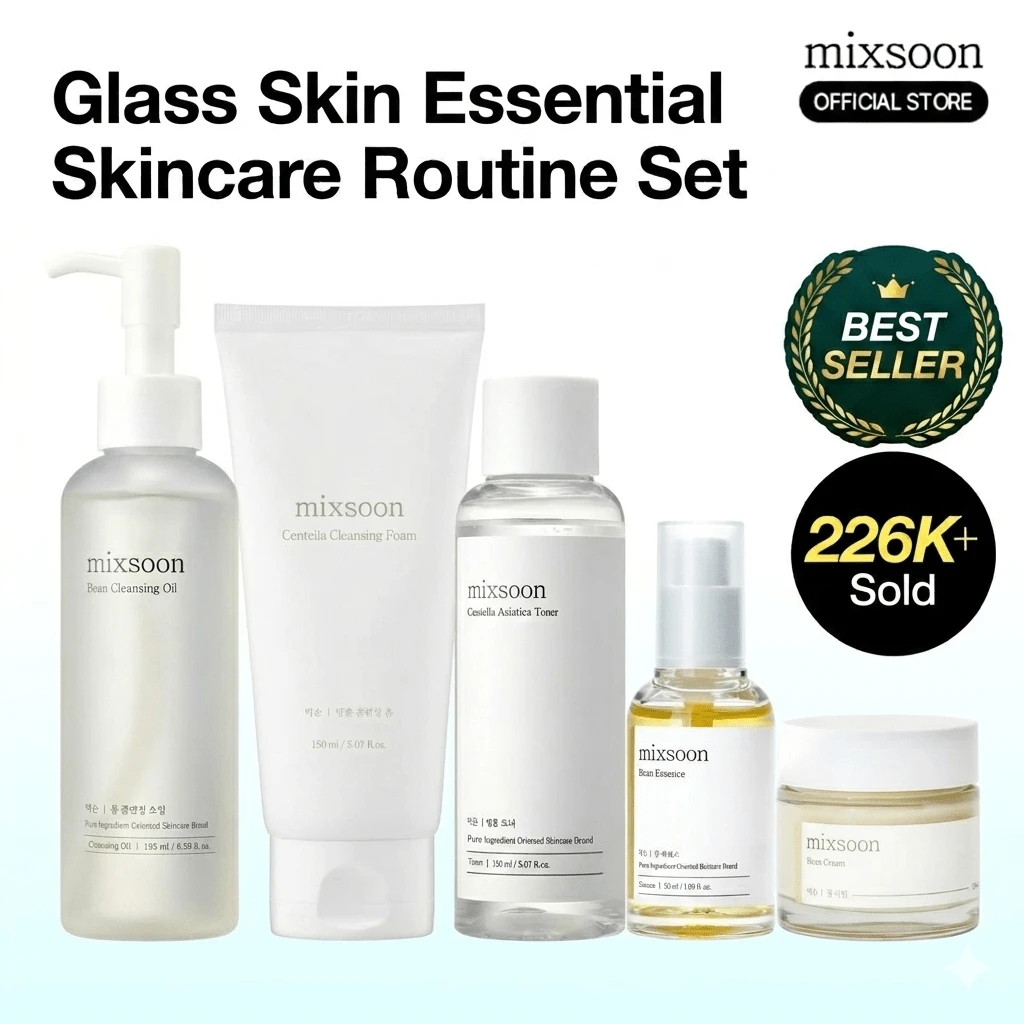 [Mixsoon Official Shop] Glass Skin Essential Skincare Routine Set –  Hydrating Skincare Gift Set, Cleansing Oil, Foam, Toner, Essence, Cream, Deep Glow Care For Tired & Dehydrated Skin Moisturizing Smooth, Gift For Mom - Glass Skin Essential Skincare Routine Bundle - 查看 1