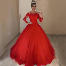 Large Size One-Word Shoulder V-Neck Slim-Fitting Fashion Lace Skirt Fluffy Trailing Wedding Dress - 紅色 - 查看 3