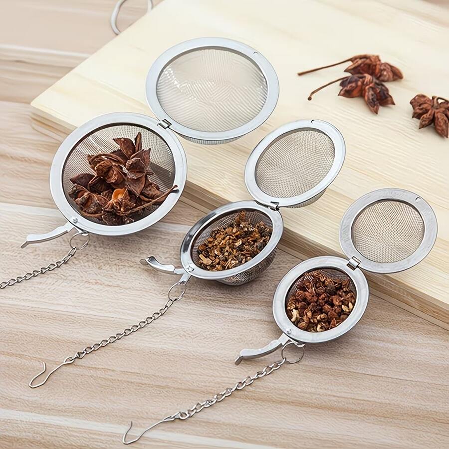 不鏽鋼茶濾球，耐用濾網，適用於散裝茶葉、香料和湯包。湯包、燉煮調味容器、燉煮醬料袋、茶球。廚房烹飪工具。