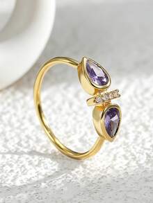 Charm-In 18K Gold Plated Pear-Shaped Amethyst Ring, Dainty Two-Stone Adjustable Statement Jewelry For Women - Gold - View 5
