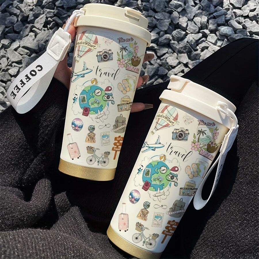 1个/5个装 500毫升保温杯带盖 - “做最好的自己”设计，双层壁，冷热饮皆宜，非常适合办公室、家庭、户外露营，也是情人节送给咖啡和茶爱好者的理想礼物。办公 | 涂鸦风格咖啡旅行杯。