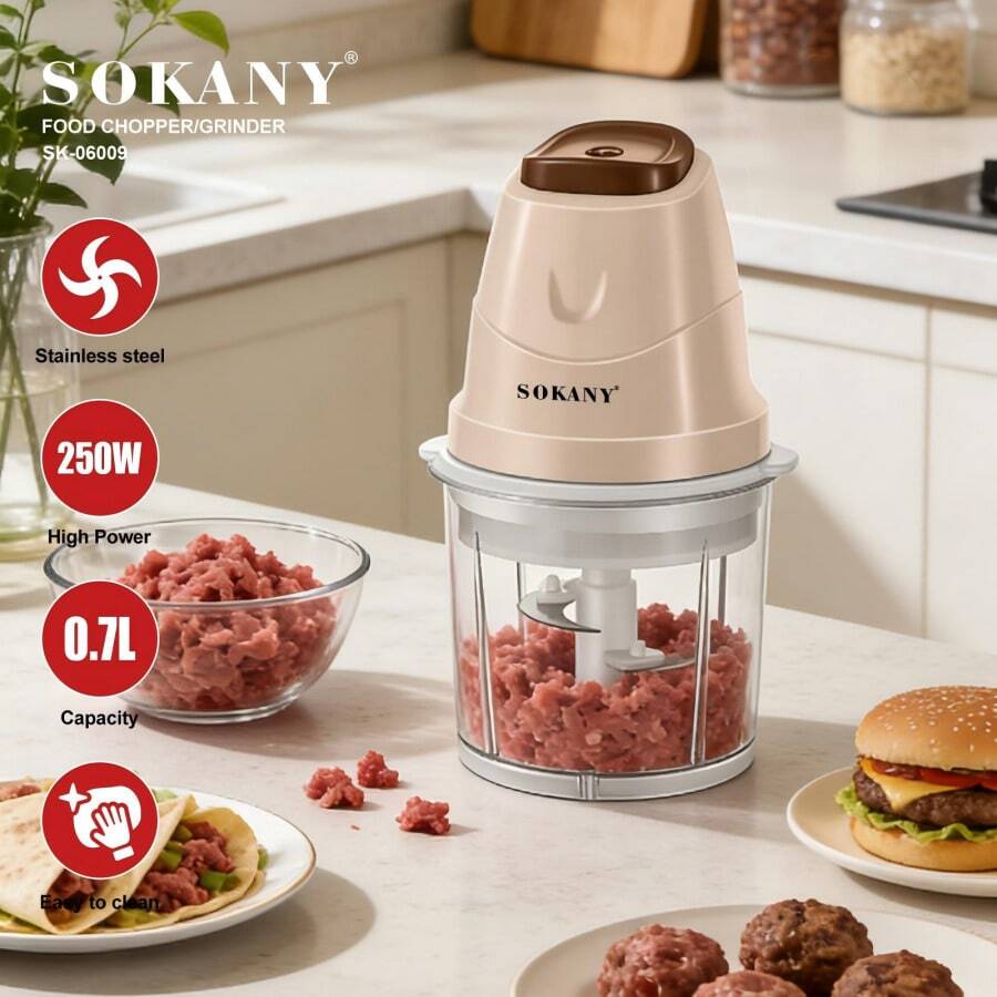 SOKANY 06009 電動迷你食物切碎機，250W 強力馬達，0.7L 精巧容量，3 刀片刀頭，透明杯身，易拆卸易清洗，一鍵切碎肉類/大蒜/嬰兒食品，完美廚房小幫手
