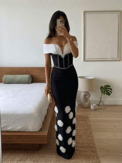 Solid Color Sparkling Rhinestone Elegant Off-Shoulder Floral 3D Slit Maxi Dress, Suitable For Party, Date Night, Formal Dinner Wedding Spring