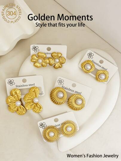 18K Gold Plated Stainless Steel Pearl Flower Earrings For Women, Vintage Thick Gold Sunflower/Round Pearl Earrings, Niche Design Fashion Jewelry Gift, Textured Earrings With High-End Feel, Hypoallergenic & Fade-Resistant, Suitable For Commuting, Dating, Party And Other Occasions To Easily Upgrade Your Outfit