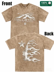 Men's Printed Pattern Washed T-Shirt - Casual Loose Summer T-Shirt With Star And Flame Design, Adult Brown 100% Pure Cotton Round Neck Shirt, Breathable T-Shirt |   Avant-Garde Casual Wear |   100% Pure Cotton Printed T-Shirt, Round Neck Vintage Cotton T-Shirt - 棕色 - 查看 9