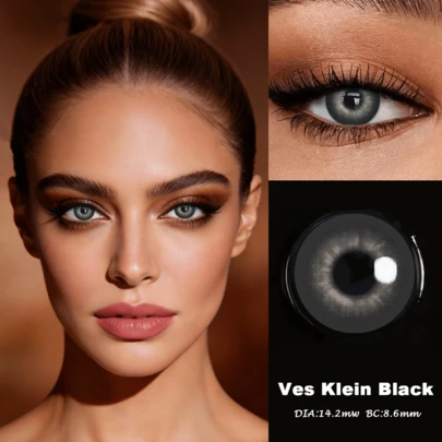 Lalens Ves Klein Black Small Pupil Lens 1Pair Half Yearly Disposable 14.2mm Soft Comfortable Natural Mixed Eye Effect Beauty Color Contacts For Daily Makeup Party Outdoor Enlargement Eyes