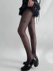 秋冬季丝绒蝴蝶结薄纱连裤袜，百搭；JK风格可爱甜美洛丽塔珍珠连裤袜，芭蕾舞鞋简约修身打底裤 - 彩色 - 查看 8