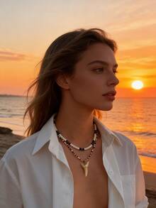 [Free Shipping]Hiphop Shark Tooth Shell Wooden Bead Necklace Summer Hawaiian Beach Necklace For Men Women - 混色 - 查看 5