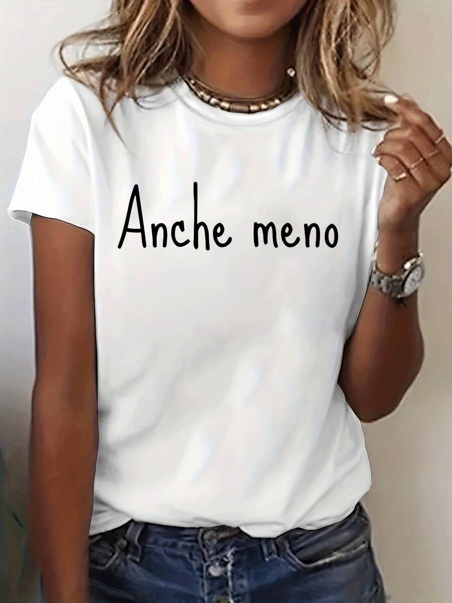 Camiseta Gráfica "Anche " para Mujer - Estampado Casual con Letras Italianas, Manga Corta, Cuello Redondo, Mezcla Ligera de Poliéster, Perfecta para Primavera y Verano, Blanca con Texto Negro, Camiseta para Uso Diario| Camisa de Corte Holgado| Camiseta Y2k de ajuste cómodo - Blanco - Ver 1