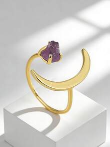 Charm-In Nhẫn hở hình trăng lưỡi liềm đính đá thạch anh tím thô mạ vàng 18K, trang sức tinh tế lấy cảm hứng từ bầu trời dành cho phụ nữ. - Vàng - Xem 1