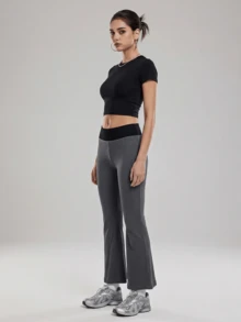 ZULIZ 罗纹高腰喇叭紧身裤，撞色腰带七分喇叭瑜伽裤 - 深灰色 - 查看 2