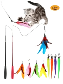 12件套宠物猫玩具套装，彩色羽毛逗猫棒带铃铛，可替换羽毛玩具，互动式室内猫玩具，小猫圣诞礼物，人造纤维羽毛，猫用羽毛，宠物游戏，趣味猫咪配件，轻巧设计，宠物专用材质，柔软羽毛，逗猫棒，猫主人，宠物爱好者 - 彩色 - 查看 8