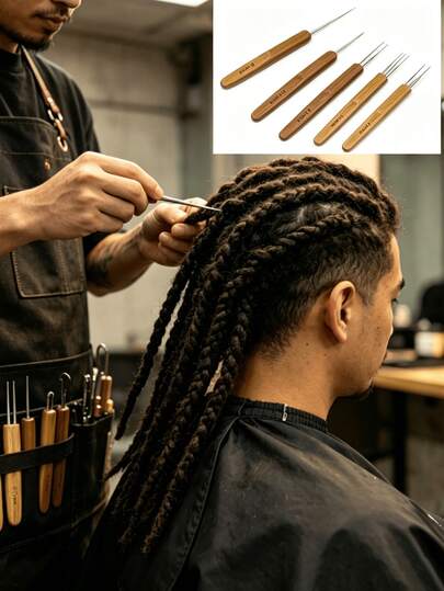 Bộ 4 kim móc cán tre, bao gồm kim đơn/đôi/ba ngạnh 0.5/0.75mm, phù hợp cho thợ làm tóc chuyên nghiệp và người đam mê tự làm, lý tưởng cho tóc tết, tóc nối và bện tóc.