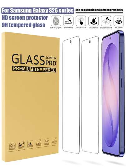 2片装钢化玻璃屏幕保护膜，兼容三星S26 Ultra、S26 Plus、S26、S25 Ultra、S25 Plus、S25、S24 Ultra、S24 FE、S24+、S24、S23+、S23、S22+、S22、S21+、S21等机型，安装简便，触控灵敏，无气泡。安装后屏幕更清晰，防碎裂，防刮擦，防水，兼容三星Galaxy指纹解锁。
