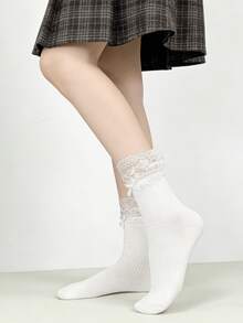 1/4 Pair Spring/Summer Lolita Ballerina Style Lace Patchwork Bow Sweet Versatile Mid-Calf Socks - Multicolor - View 10