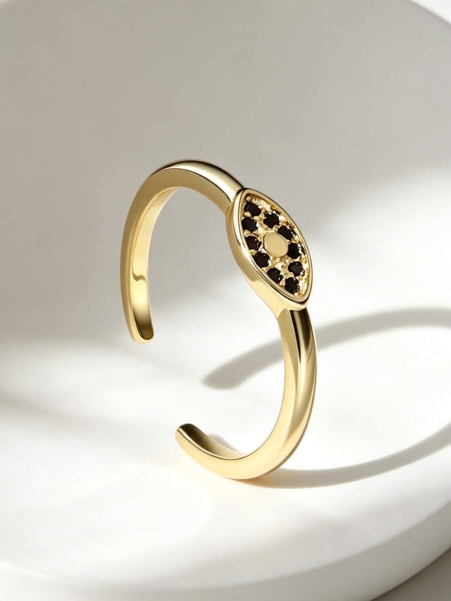 Charm-In 18K Gold Plated Evil Eye Open Ring With Black Cubic Zirconia, Adjustable Statement Jewelry For Women - Gold - View 1