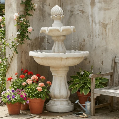 37.4"H 2-Tier White Polyresin Outdoor Water Fountain Classic Pedestal Cascading Water Feature For Patio Garden Yard Decor