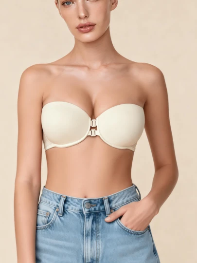 Lilivine Áo ngực nâng ngực cho nữ, đóng phía trước, không dây, có gọng, họa tiết trái tim, không lưng, áo ngực ống chống trượt, có dây đeo có thể điều chỉnh, bộ đồ lót mùa hè, phù hợp mặc với váy