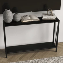 Mesa consola industrial de 2 niveles, mesa de entrada estrecha de 109 cm con estructura metálica resistente y estantes abiertos, ideal para vestíbulo, pasillo u oficina en casa. - Negro - Ver 6