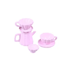1/12 Scale Alloy Material Miniature Realistic Drip Coffee Pot Set, Pink Coffee Pot, Small Bowl, Cup, Dollhouse Decor, Architectural Diorama Accessory, Photography Prop - Pink - View 7