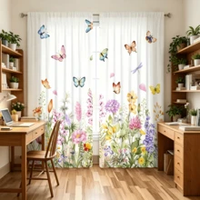 2pcs Translucent Polyester Fiber Curtains, With Colorful Butterfly And Floral Patterns, Modern All-Season Design, 100% Polyester Fiber, Light Filtering, With Rod Pocket For Easy Installation, Perfect For Kitchen, Laundry Room, Bedroom, Study And Living Room - Multicolor - View 6