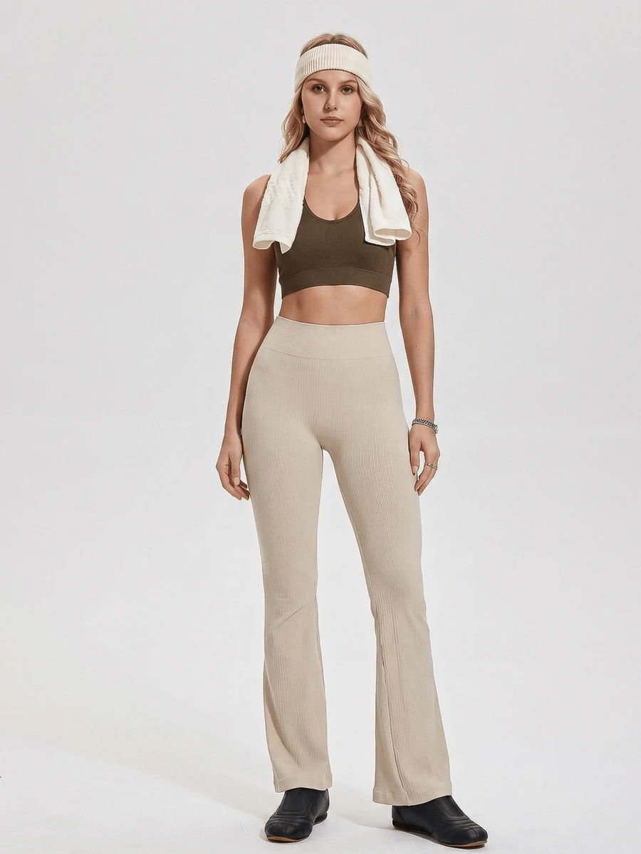 ZULIZ 罗纹高腰喇叭紧身裤，女士提臀喇叭瑜伽裤 - 卡其色 - 查看 1