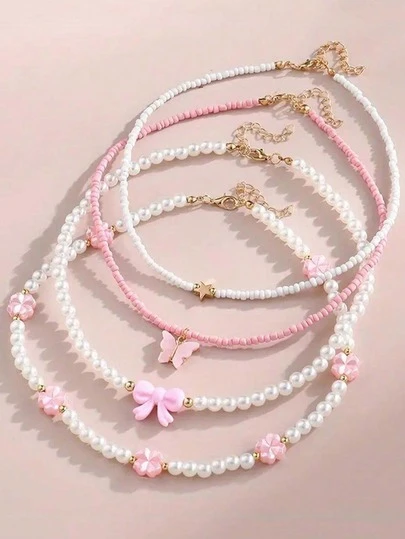 4pcs/Set Pink Girls' Butterfly Heart Flower Pearl & Beaded Necklace Set