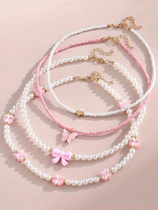 4ชิ้น/ชุด สร้อยคอไข่มุกและลูกปัดลายผีเสื้อ หัวใจ ดอกไม้ สีชมพู สำหรับเด็กผู้หญิง