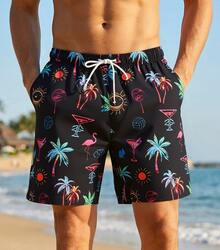 Men's Hawaiian Style Beach Pants, Coconut Tree Print Swimming Pants, Drawstring Waist, Single-Layer Unlined Vacation Beach Casual Pants - 海星黑 - 查看 1