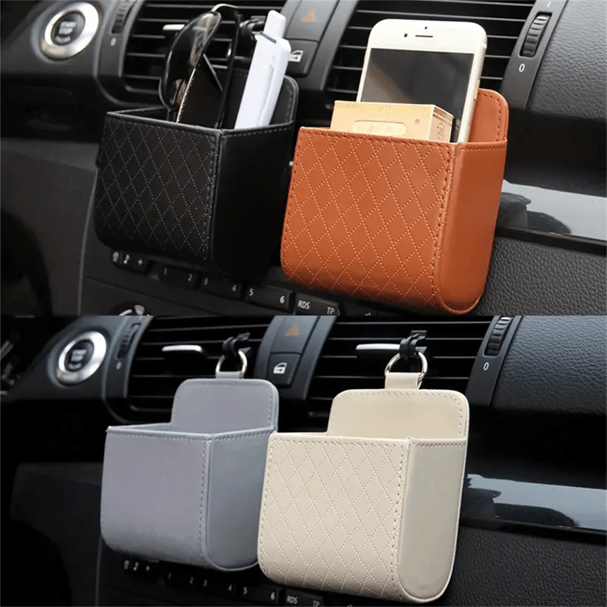 1pc Air Conditioner Vent Storage Bag, Car Organizer Box, Automotive Accessories, Leather Multi-Function Organizer Box With Phone Holder For Car Vent