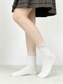 1/4 Pair Spring/Summer Lolita Ballerina Style Lace Patchwork Bow Sweet Versatile Mid-Calf Socks - Multicolor - View 9
