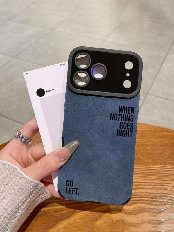 1pc Denim Blue Faux Leather Inspirational English Slogan Phone Case, "WHEN NOTHING GOES RIGHT GO LEFT" Personalized Text Print Full Coverage Shockproof Soft Shell, Compatible With IPhone 11/11 Pro/11 Pro Max/12/12 Pro/12 Pro Max/13/13 Pro/13 Pro Max/14/14 Pro/14 Pro Max/15/15 Pro/15 Pro Max/16/16 Pro/16 Pro Max/17/17 Pro/17 Pro Max, Versatile Protective Cover For Couples And Friends