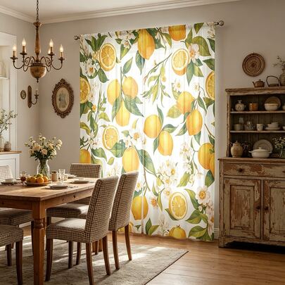 ستائر شفافة مطبوعة بزهور الليمون قطعتان لديكور المنزل - مناسبة لمعالجة نوافذ الأكياس على القضبان في غرف النوم والمكاتب والمطابخ وغرف المعيشة وغرف الدراسة، ستائر شفافة زخرفية