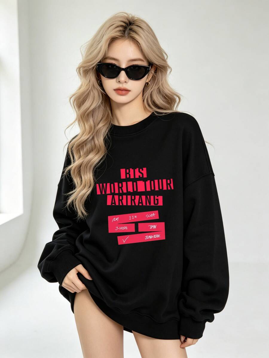 Women's BTS5 World Tour Arirang Text Print Black Crewneck Sweatshirt, Soft Pullover Sweatshirt, K-Pop Merch For BTS5 Army, Ideal For Concert And Daily Wear, BTS5 Concert Outfit, Army Fan Gift, Tour Merch, Street Style, Casual Daily Wear, K-Pop Apparel. - 黑色3 - 查看 1