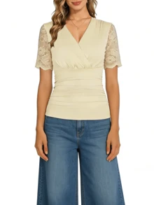 2026 Womens Lace Trim Summer Wrap Blouse V Neck Ruffle Sleeve Dressy Casual Work Top Ruched  Clothes - Apricot - View 2