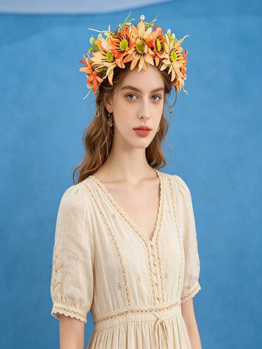 橙色向日葵花朵发箍，乡村风新娘仿真花头饰，婚礼摄影发饰 - 橘色 - 查看 1