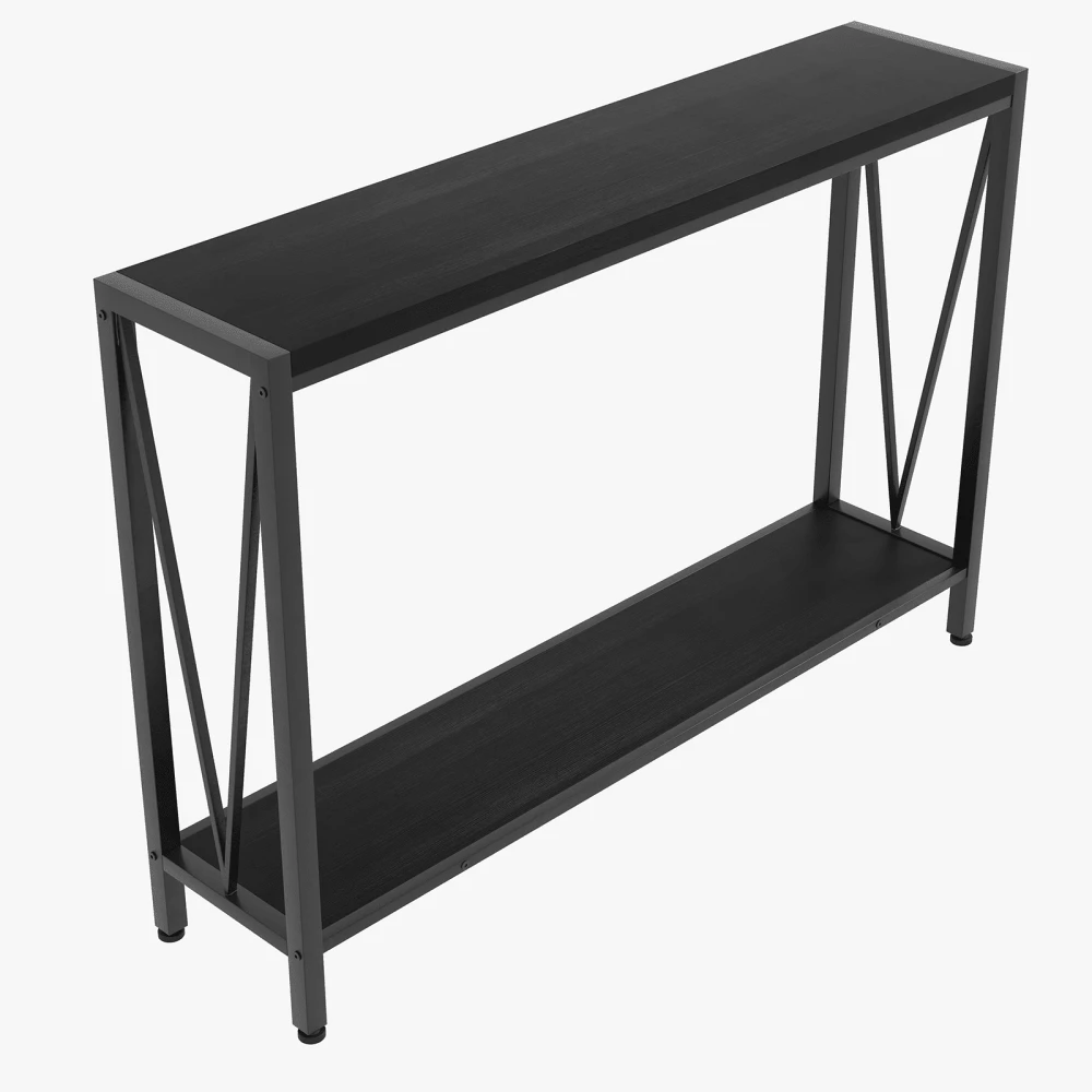 Mesa consola industrial de 2 niveles, mesa de entrada estrecha de 109 cm con estructura metálica resistente y estantes abiertos, ideal para vestíbulo, pasillo u oficina en casa. - Negro - Ver 1