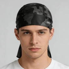 Pañuelo pirata de malla con estampado de camuflaje para hombres, accesorio de cabeza transpirable para streetwear, hip hop, skateboarding y ciclismo - Negro - Ver 2