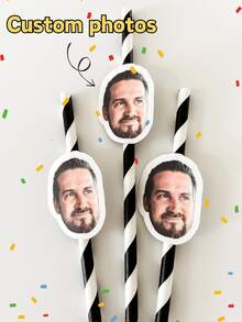 Pajitas personalizadas para fiestas con pegatinas de fotos de caras, decoraciones personalizadas para cumpleaños, bodas, graduaciones, despedidas de soltero y soltera, recortes de caras personalizados, recuerdos de fiesta - Multicolor (con paja) - Ver 3