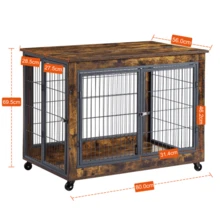 Furniture-Style Dog Crate, Wooden Kennel Table With Double Doors, Indoor Kennel With Hinged Roof, With Wheels For Easy Mobility, White, 80*56*69.5 Cm - Brown - View 5