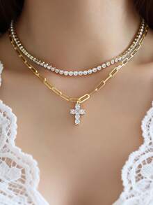 Set de 2 collares con colgante de cruz incrustado de circonita y cadena de cristal, adecuado para uso diario, citas, festivales de música, eventos religiosos, fiestas y superposición de collares de mujer - Amarillo Oro - Ver 9