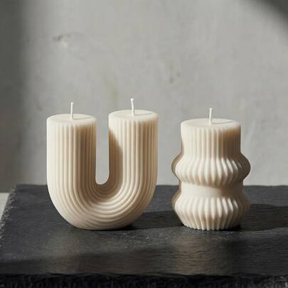 2Pcs Sculptural White Ribbed Candles | U-Shaped & Columnar Nordic Wabi-Sabi Decorative Candles, 8x8cm & 4.58x7.96cm, Minimalist Wax Candle Decor, No Additional Parts, For Table, Mantelpiece, Wedding Centerpieces, Xmas & Holiday Home Decor