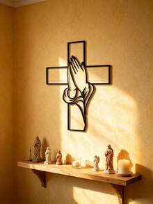 1pc Vintage Praying Hands Metal Wall Art - Rust-Resistant Iron Religious Decor With Cross Design, Christmas And Easter Blessing Gift, For Home, Church, Religious Home Decor (7.87in/11.81in/5.75in) Available In 3 Sizes - Black - View 6