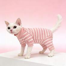 Bộ đồ liền thân sọc hồng trắng, cổ cao, thiết kế giữ ấm, quần áo thú cưng mùa xuân/hè dành riêng cho mèo Sphynx, bảo vệ bụng, che phủ toàn thân. - Hồng - Xem 6